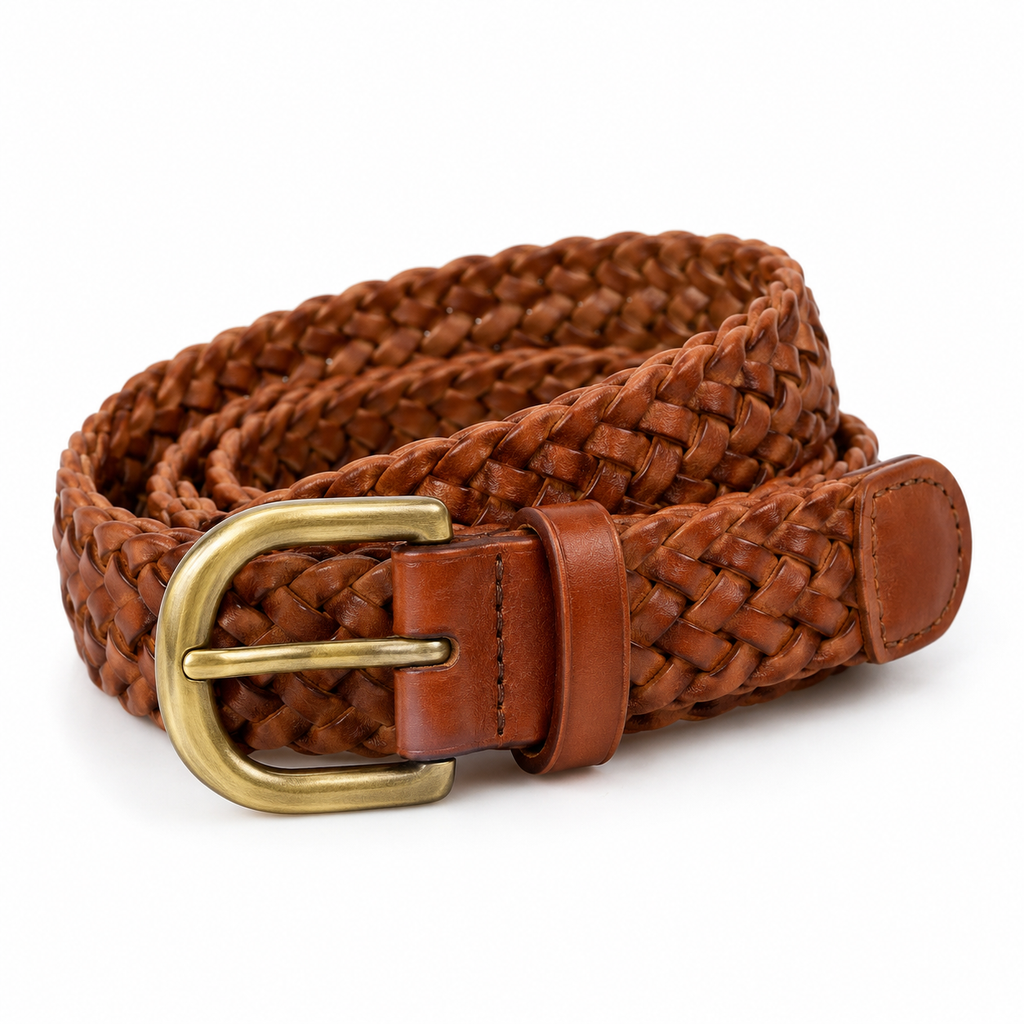 SHOPAVERLY Braided Brown Belt 1.4 inch Brass Buckle No Fixed Holes