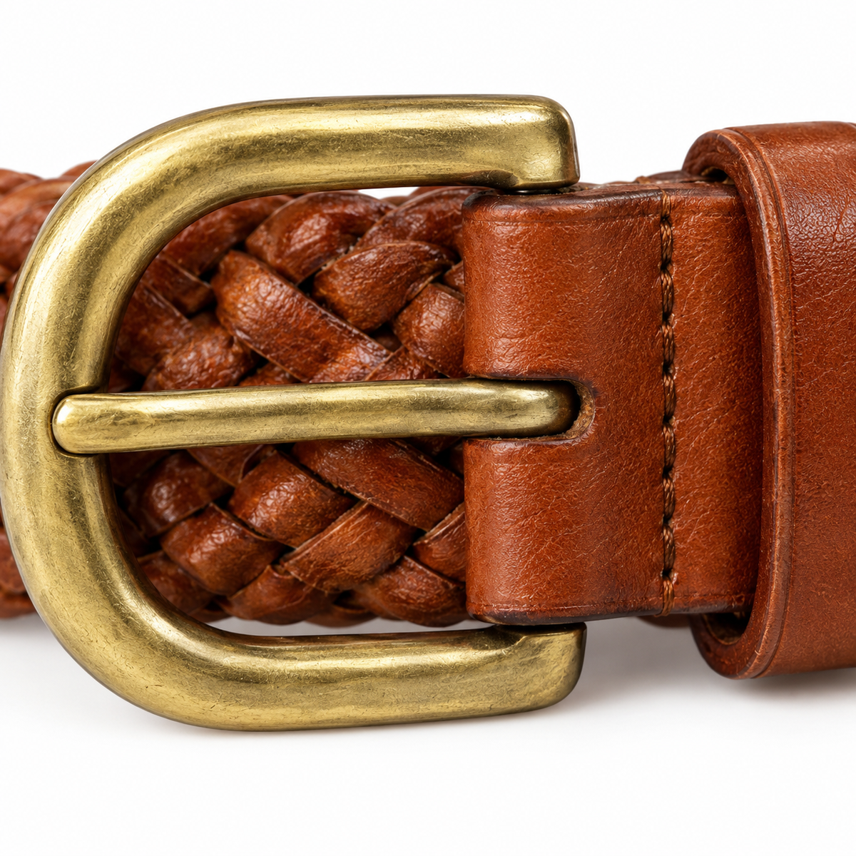 SHOPAVERLY Braided Brown Belt 1.4 inch Brass Buckle No Fixed Holes