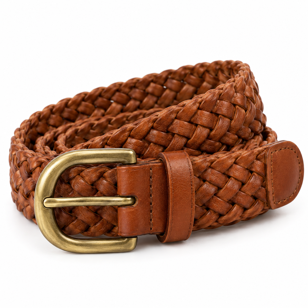 SHOPAVERLY Braided Brown Belt 1.4 inch Brass Buckle No Fixed Holes
