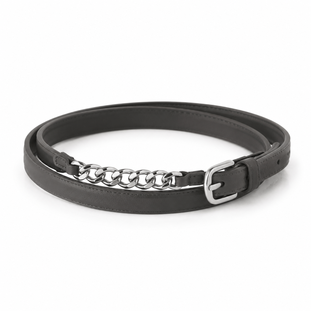 SHOPAVERLY Charcoal Gray Belt with Chain Detail Vegan Leather