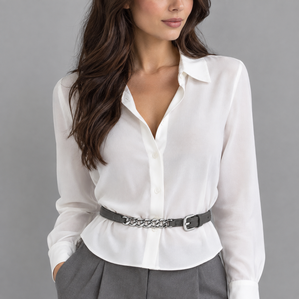 SHOPAVERLY Charcoal Gray Belt with Chain Detail Vegan Leather