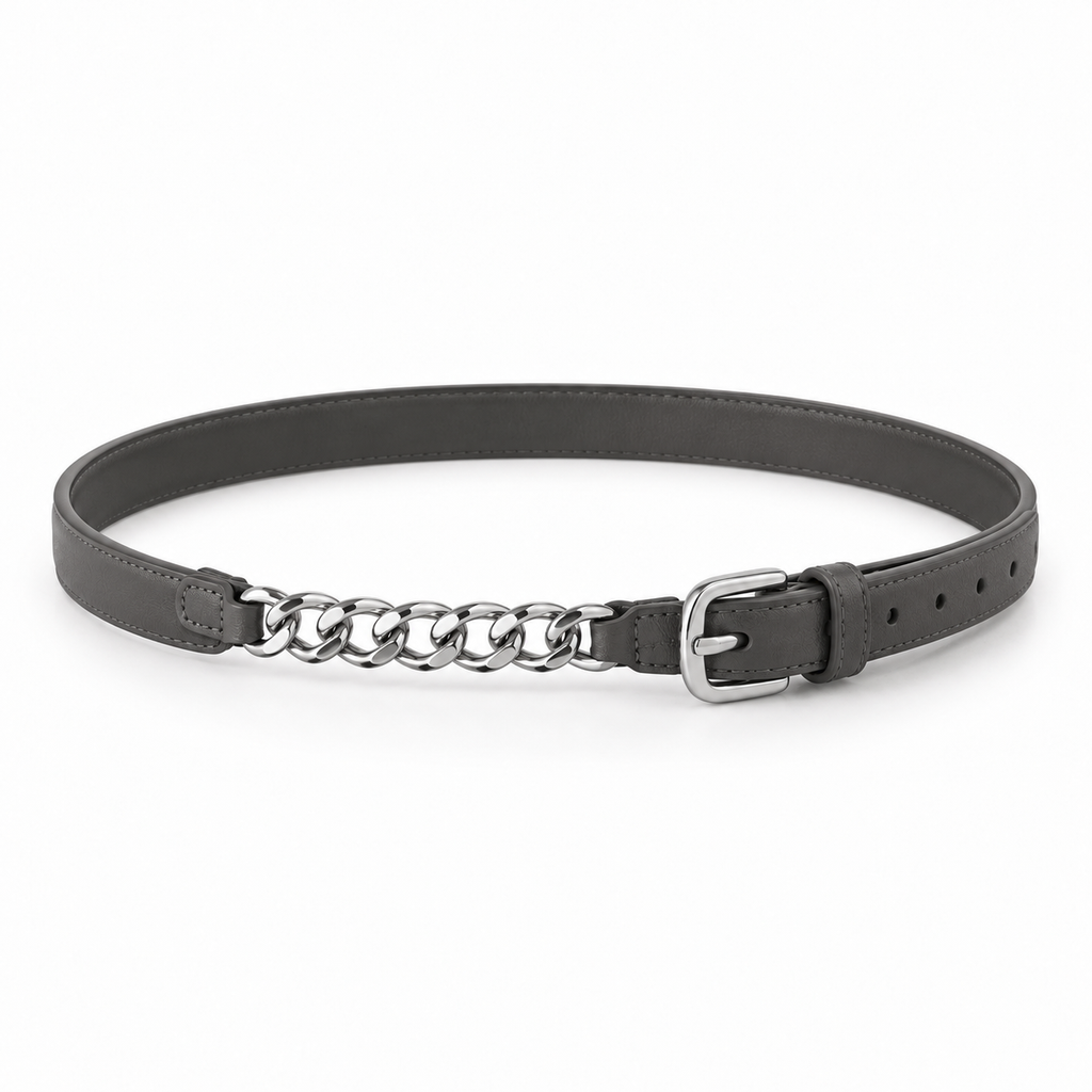 SHOPAVERLY Charcoal Gray Belt with Chain Detail Vegan Leather
