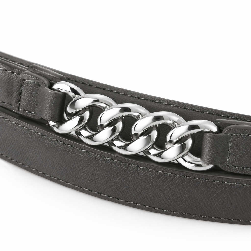 SHOPAVERLY Charcoal Gray Belt with Chain Detail Vegan Leather