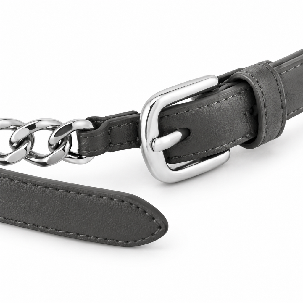 SHOPAVERLY Charcoal Gray Belt with Chain Detail Vegan Leather