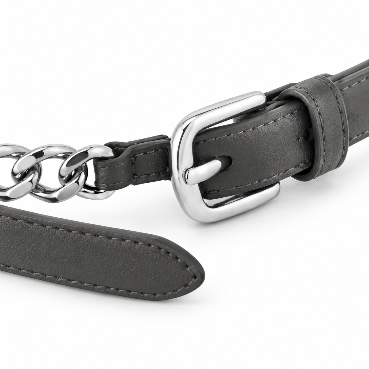 SHOPAVERLY Charcoal Gray Belt with Chain Detail Vegan Leather
