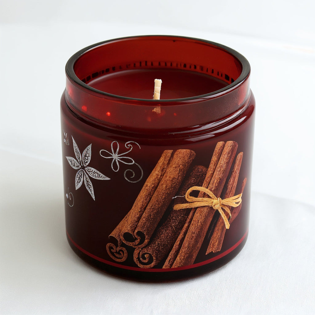 SHOPAVERLY Cinnamon Spice Soy Candle — Dark Red Jar with Cinnamon Motif