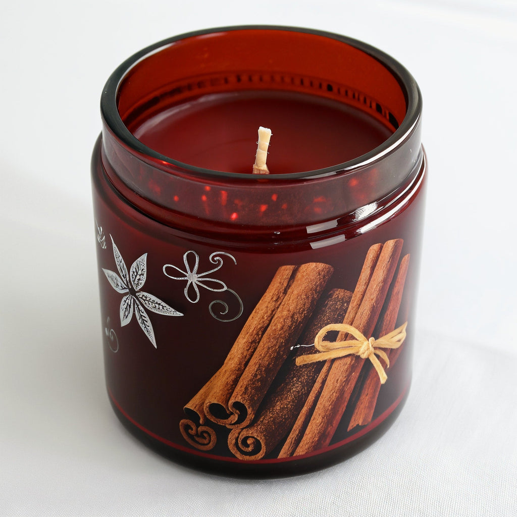 SHOPAVERLY Cinnamon Spice Soy Candle — Dark Red Jar with Cinnamon Motif