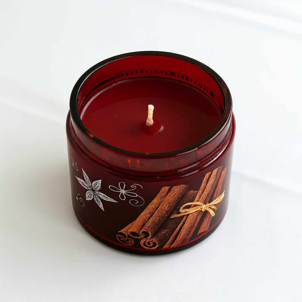 SHOPAVERLY Cinnamon Spice Soy Candle — Dark Red Jar with Cinnamon Motif
