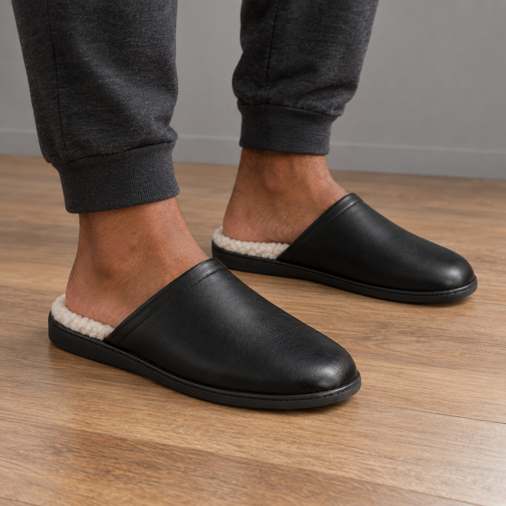 SHOPAVERLY Men's Faux Fur Lined Slippers Black Indoor