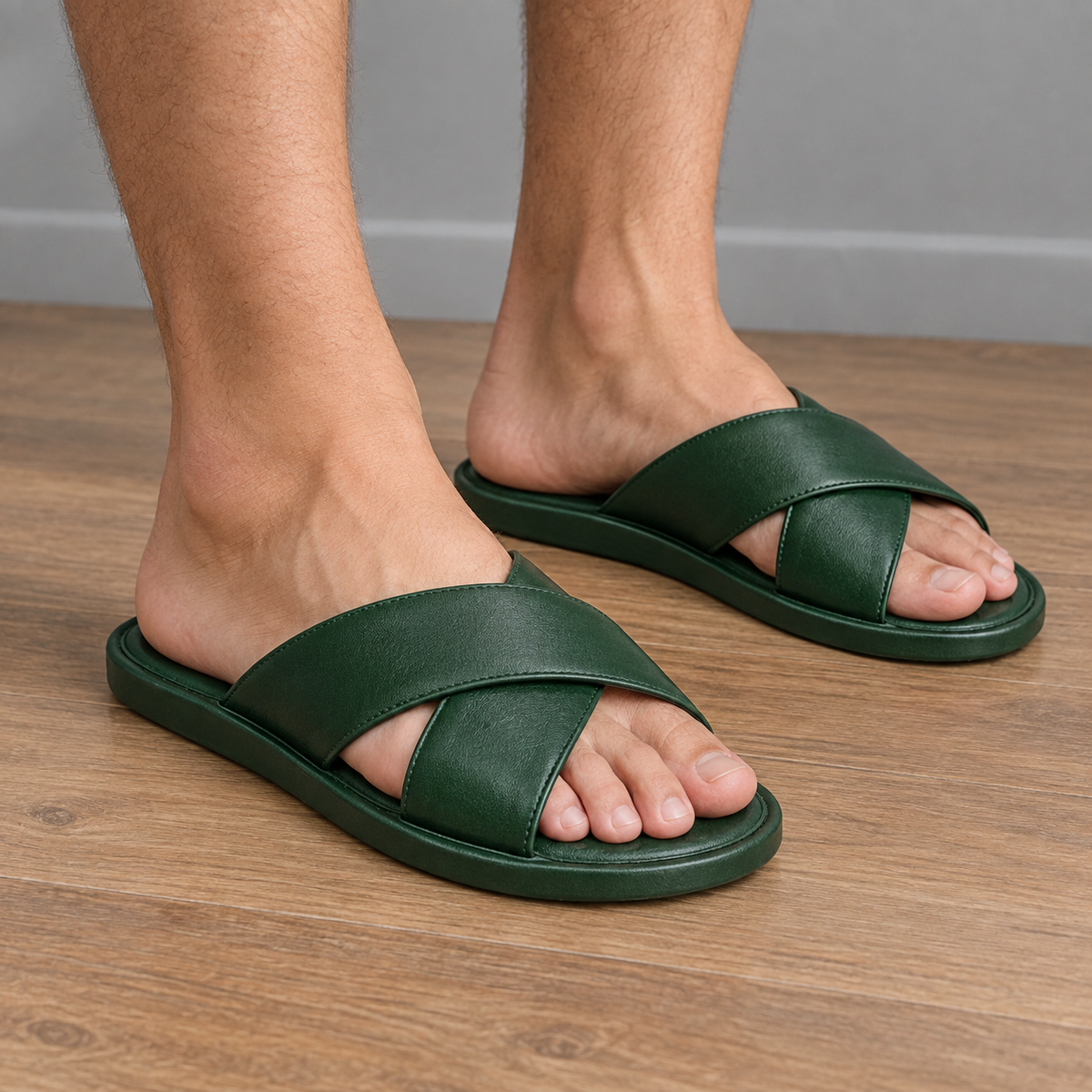 SHOPAVERLY Men's Green Cross-Strap Slide Sandals