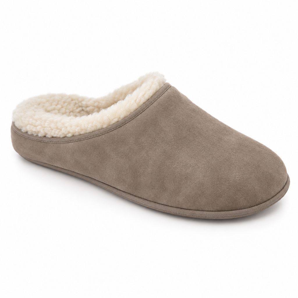 SHOPAVERLY Men's Taupe Suede Slippers Faux Shearling Lined