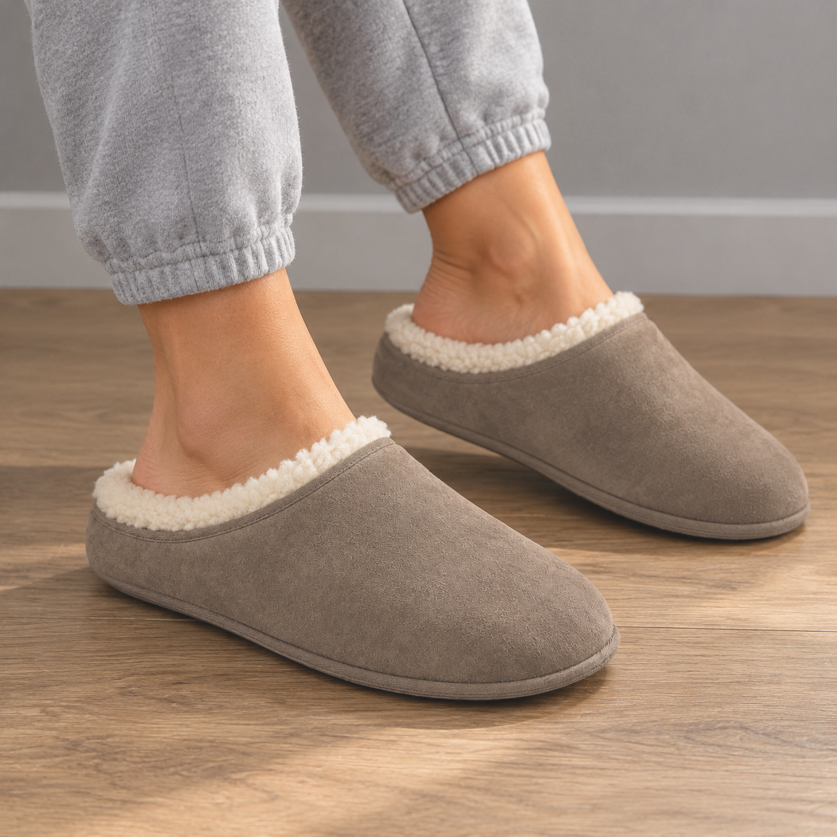 SHOPAVERLY Men's Taupe Suede Slippers Faux Shearling Lined