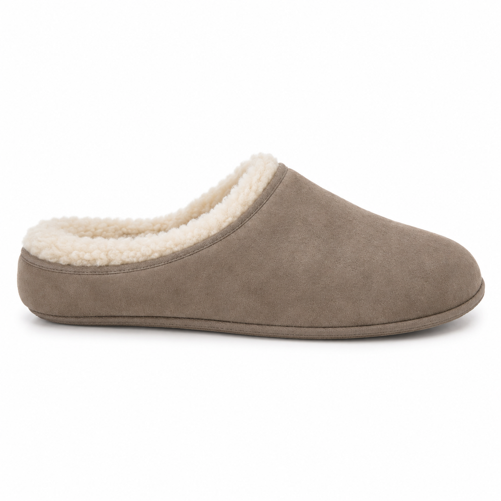 SHOPAVERLY Men's Taupe Suede Slippers Faux Shearling Lined