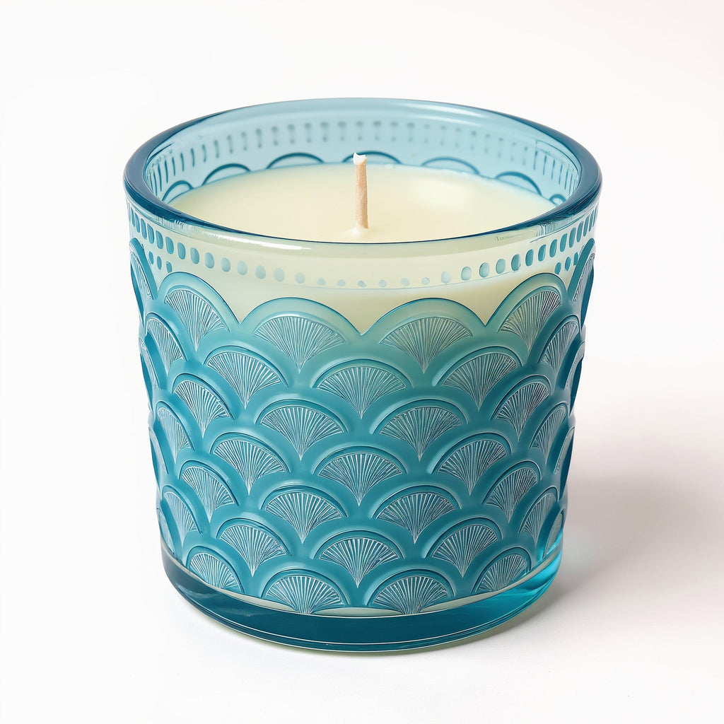 SHOPAVERLY Ocean Mist Soy Candle in Blue Glass Jar with Wave Pattern