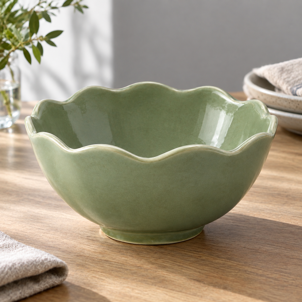 SHOPAVERLY Sage Green Scalloped Bowl 25 cm Decorative Ceramic