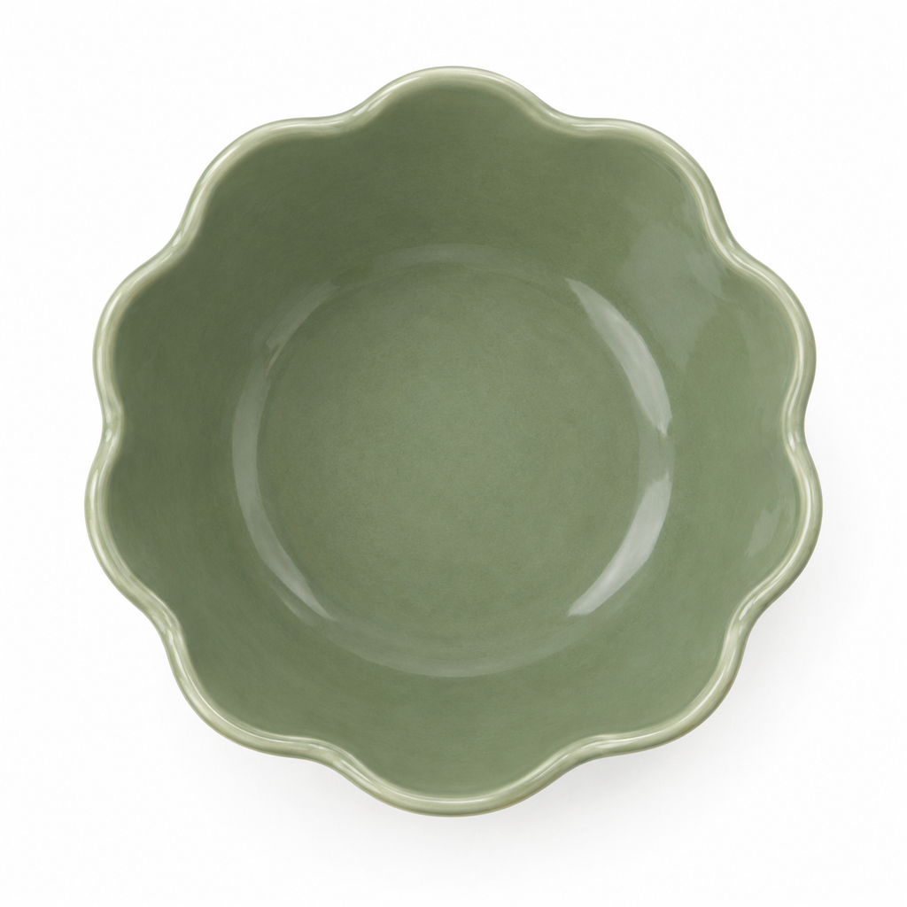 SHOPAVERLY Sage Green Scalloped Bowl 25 cm Decorative Ceramic