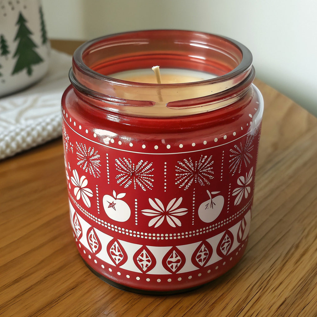 SHOPAVERLY Spiced Apple Soy Candle — Red Jar with Festive Pattern