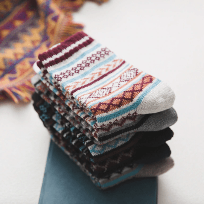 Thermal socks in a wool blend with Nordic pattern, winter set of 5 pairs, EU size 36-39, 6 designs