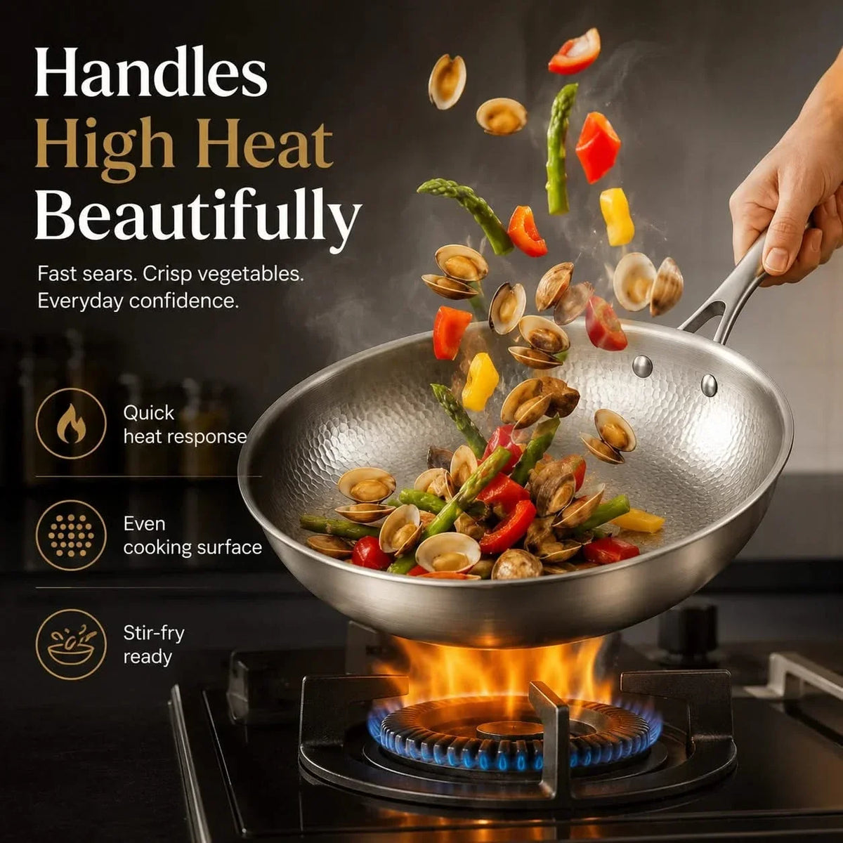 Titanium frying pan, 12" (30cm), three-layer steel, high-heat safe