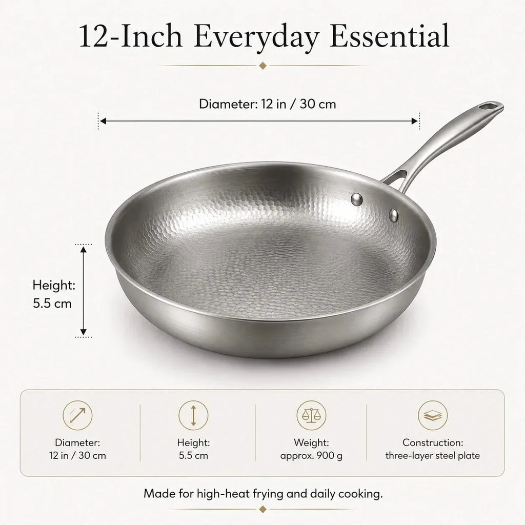 Titanium frying pan, 12" (30cm), three-layer steel, high-heat safe