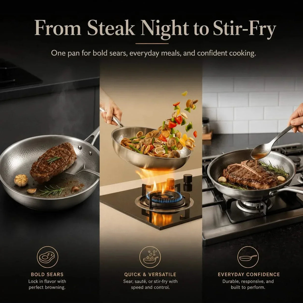 Titanium frying pan, 12" (30cm), three-layer steel, high-heat safe