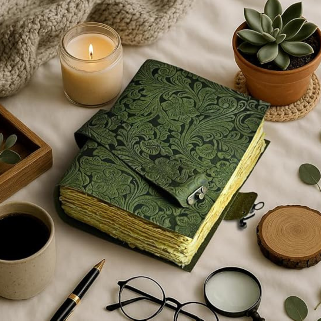 Vintage Leather Journal with Embossed Flowers – Compact Handcrafted Diary with Floral Relief Design