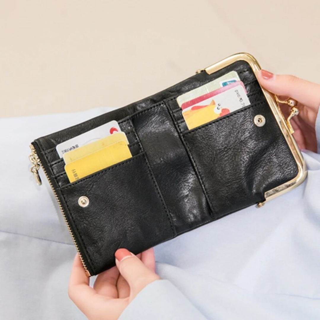 Vintage Leather Wallet with Kiss Lock Closure