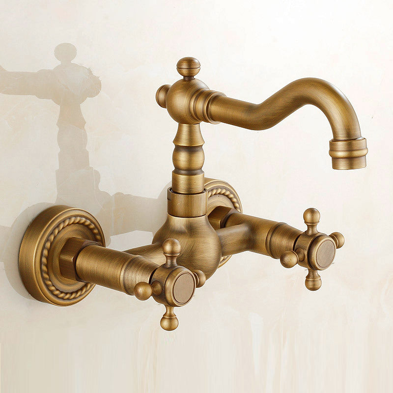 Vintage wall-mounted bathtub faucet with two cross handles – pure copper