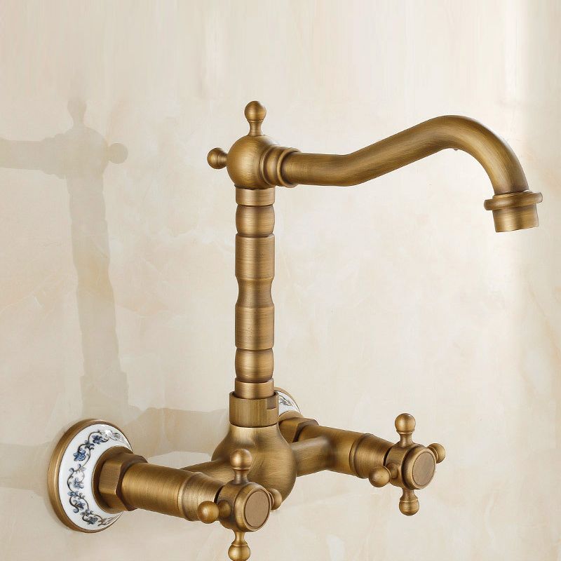 Vintage wall-mounted bathtub faucet with two cross handles – pure copper