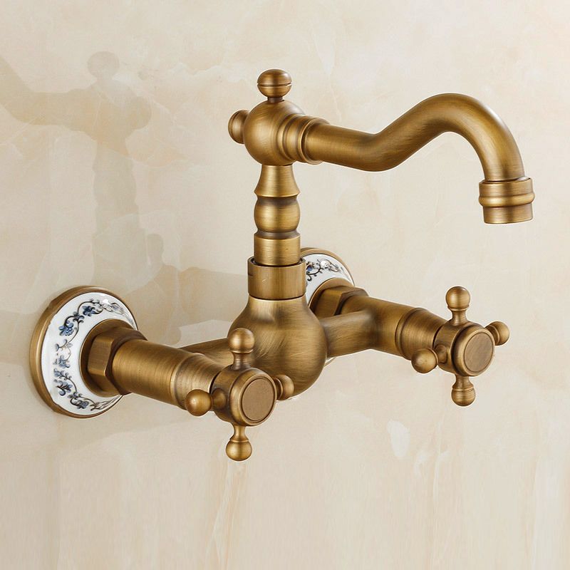 Vintage wall-mounted bathtub faucet with two cross handles – pure copper