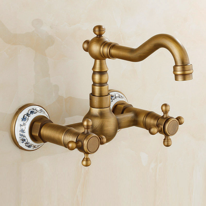 Vintage wall-mounted bathtub faucet with two cross handles – pure copper
