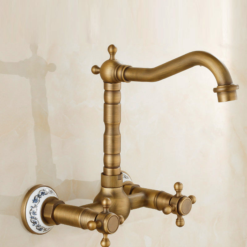 Vintage wall-mounted bathtub faucet with two cross handles – pure copper