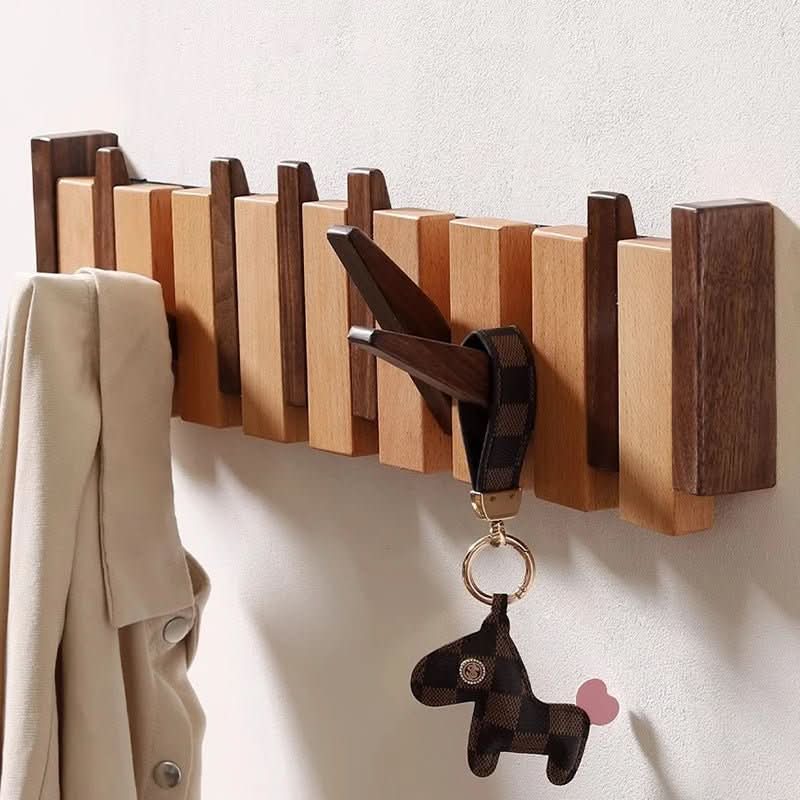 Wall mounted coat rack in walnut and beech wood with piano-style flip-down hooks, 4, 6 or 8 hooks, 32 to 55 cm, handmade