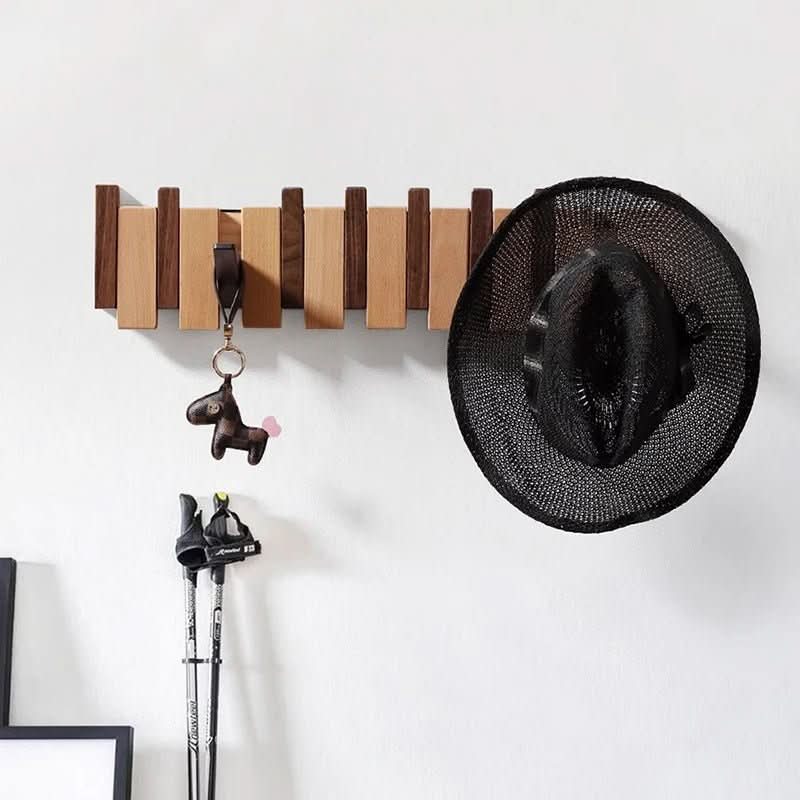 Wall mounted coat rack in walnut and beech wood with piano-style flip-down hooks, 4, 6 or 8 hooks, 32 to 55 cm, handmade