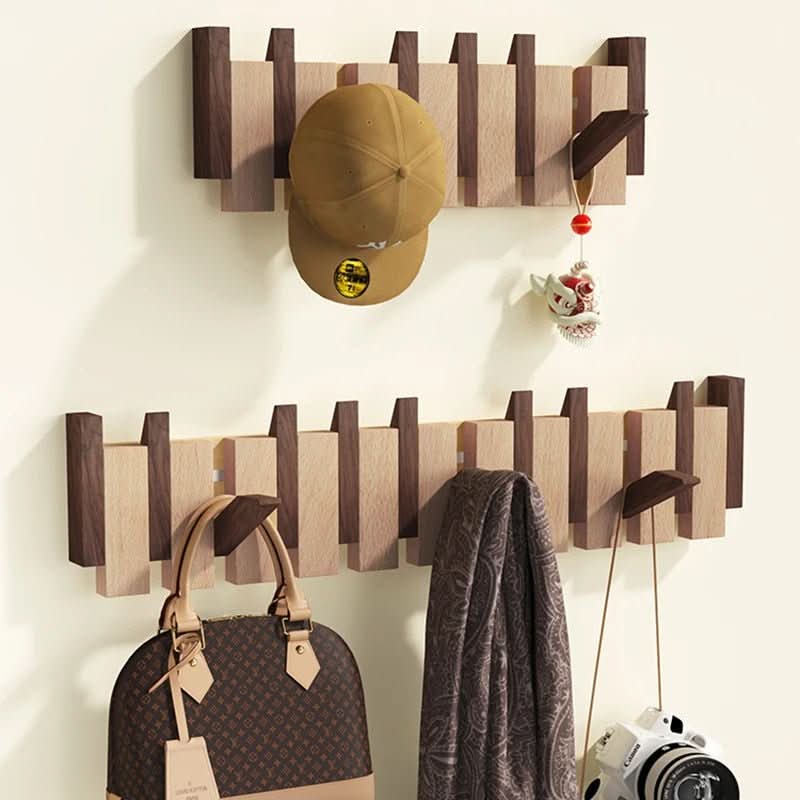 Wall mounted coat rack in walnut and beech wood with piano-style flip-down hooks, 4, 6 or 8 hooks, 32 to 55 cm, handmade