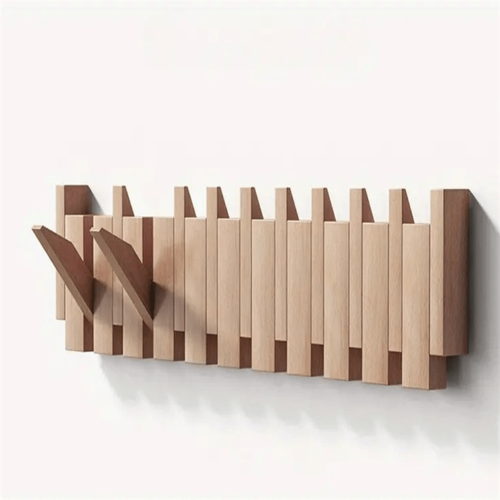 Wall mounted coat rack in walnut and beech wood with piano-style flip-down hooks, 4, 6 or 8 hooks, 32 to 55 cm, handmade