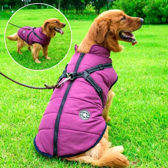 Waterproof Winter Dog Jacket with Sherpa Fleece Lining and Built-In Harness
