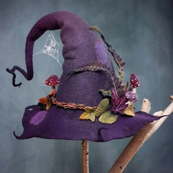 Witch hat, handmade in merino wool felt with curled tip, 5 decorated designs, adjustable fit for 57-58.5 cm head