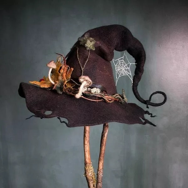Witch hat, handmade in merino wool felt with curled tip, 5 decorated designs, adjustable fit for 57-58.5 cm head