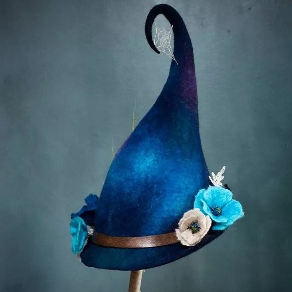 Witch hat, handmade in merino wool felt with curled tip, 5 decorated designs, adjustable fit for 57-58.5 cm head