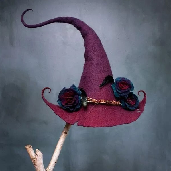 Witch hat, handmade in merino wool felt with curled tip, 5 decorated designs, adjustable fit for 57-58.5 cm head