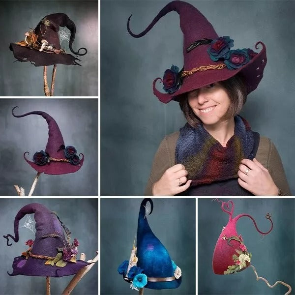 Witch hat, handmade in merino wool felt with curled tip, 5 decorated designs, adjustable fit for 57-58.5 cm head