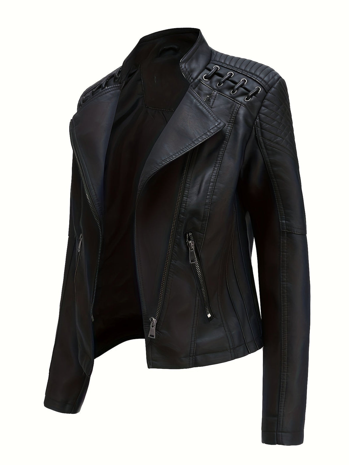 Women's biker jacket, cropped leather-look jacket with asymmetric zip, lapels and eyelet lacing on the shoulders, 4 colo