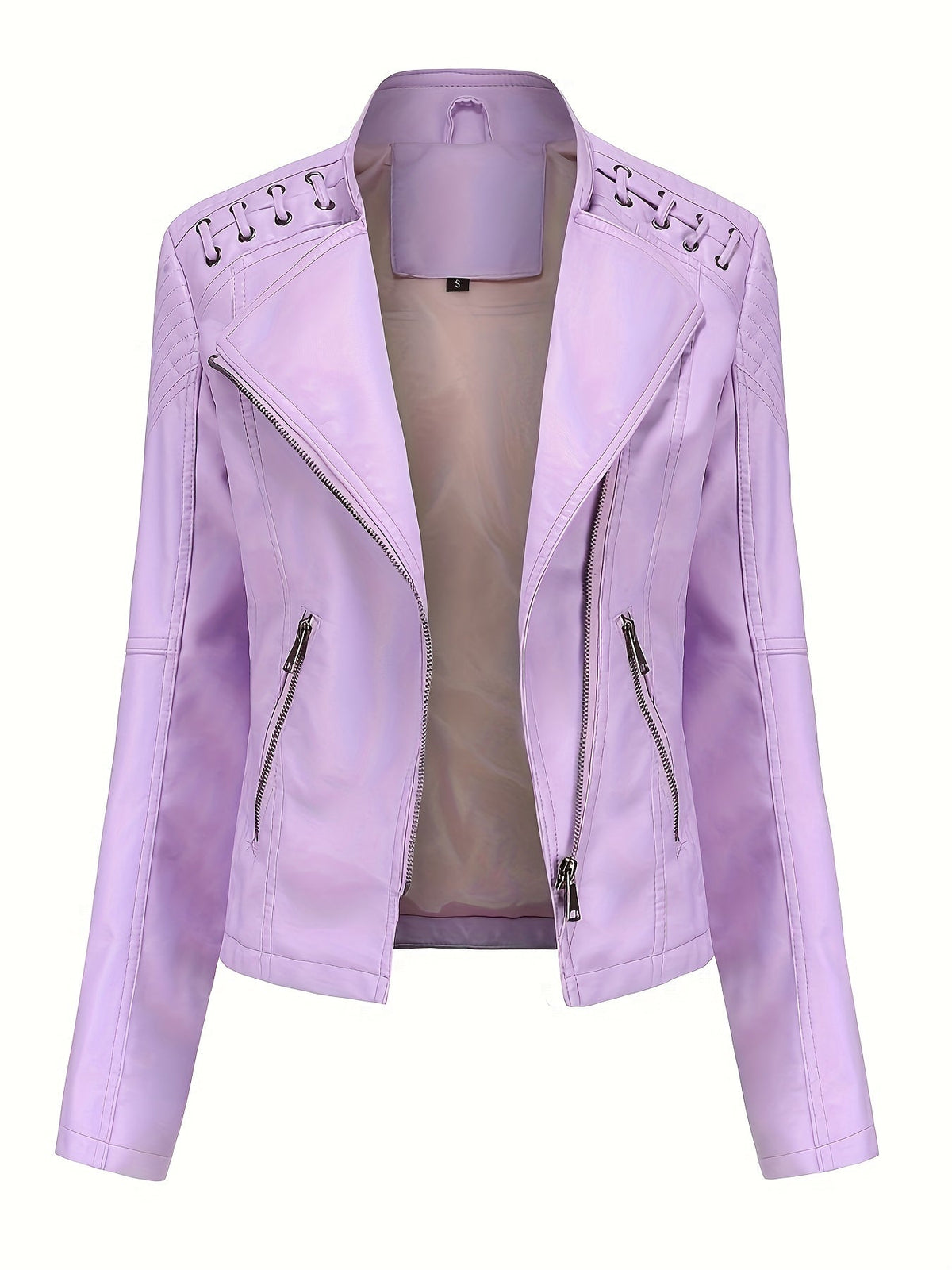 Women's biker jacket, cropped leather-look jacket with asymmetric zip, lapels and eyelet lacing on the shoulders, 4 colo