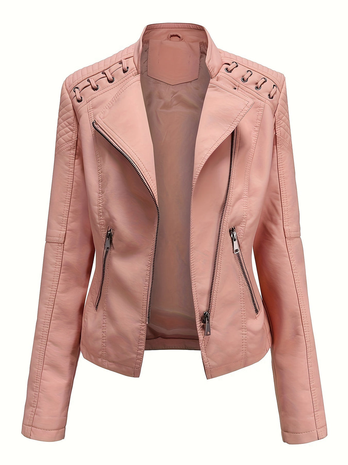 Women's biker jacket, cropped leather-look jacket with asymmetric zip, lapels and eyelet lacing on the shoulders, 4 colo