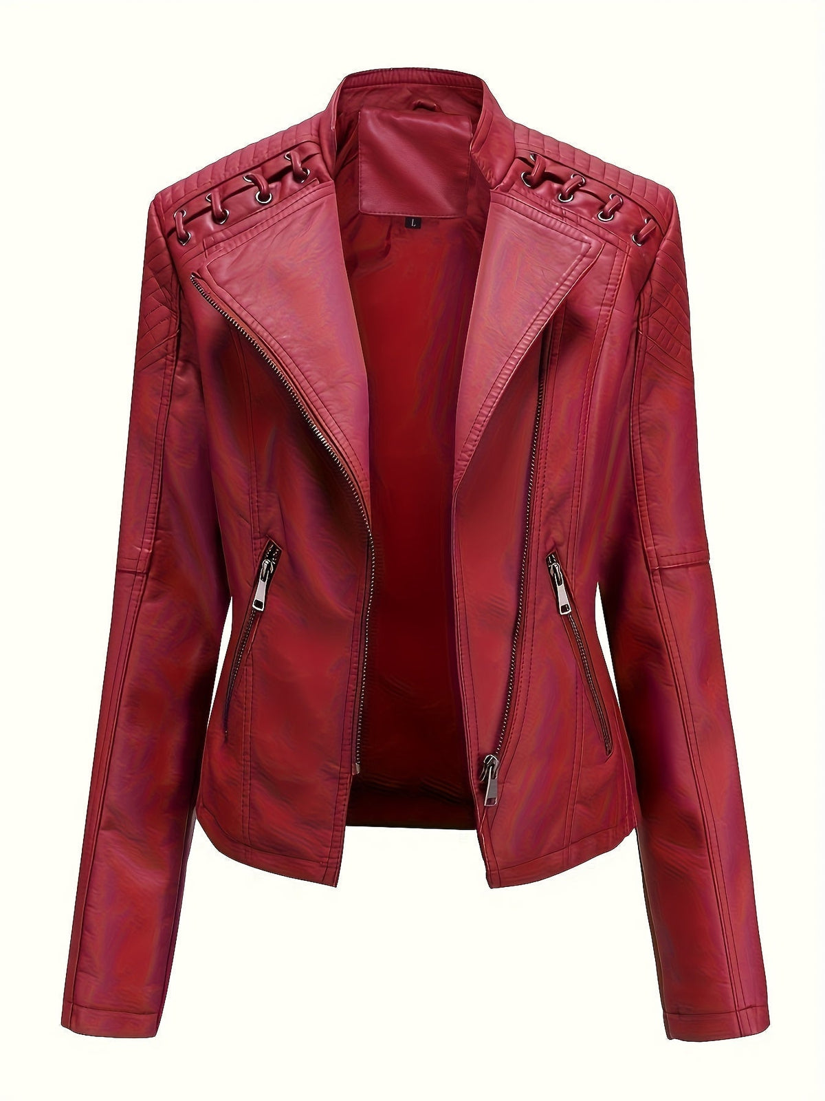 Women's biker jacket, cropped leather-look jacket with asymmetric zip, lapels and eyelet lacing on the shoulders, 4 colo