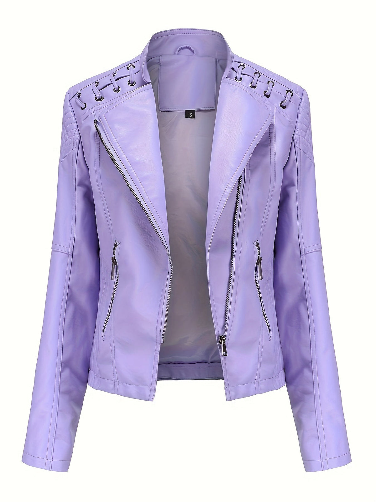Women's biker jacket, cropped leather-look jacket with asymmetric zip, lapels and eyelet lacing on the shoulders, 4 colo