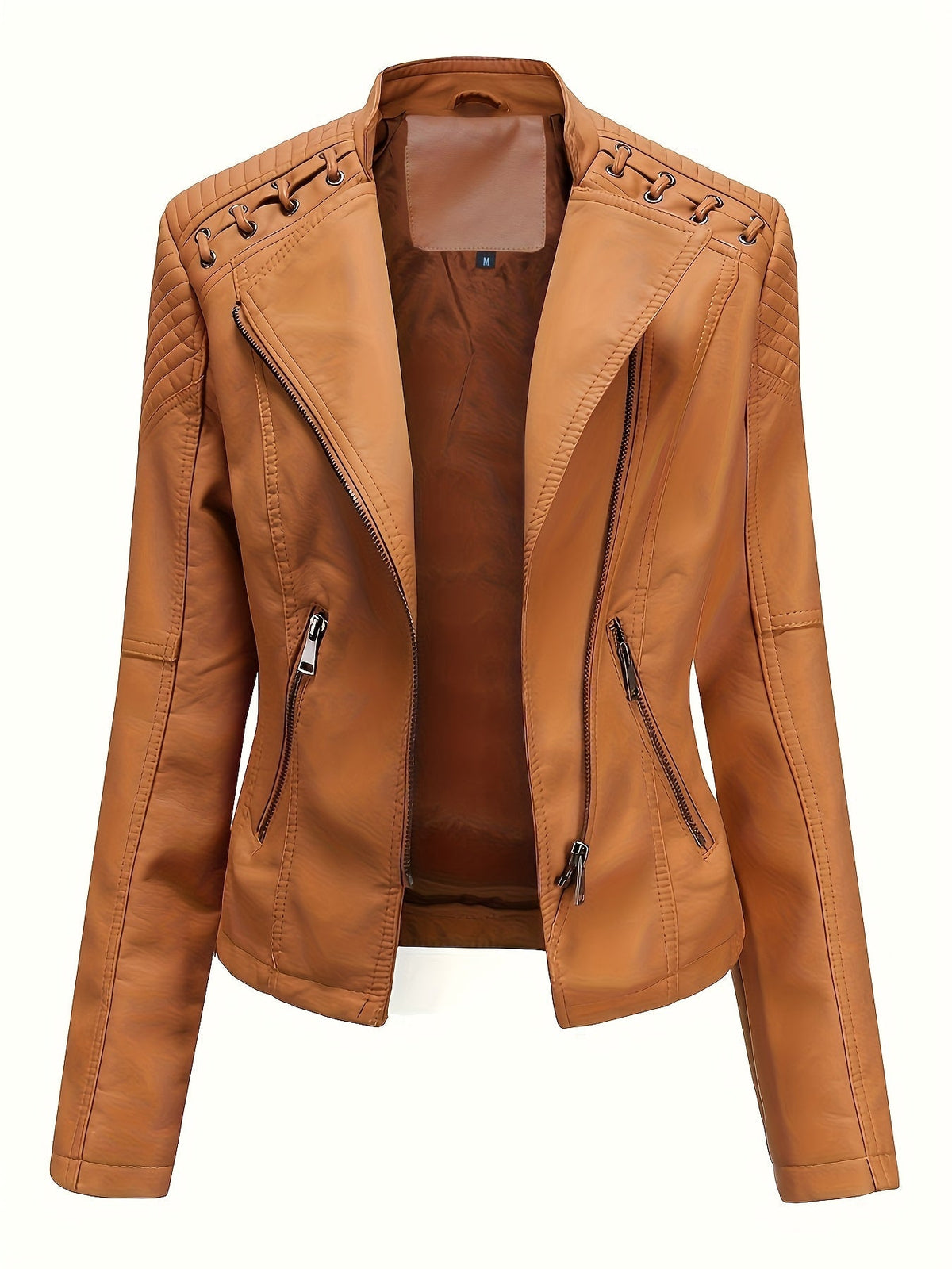 Women's biker jacket, cropped leather-look jacket with asymmetric zip, lapels and eyelet lacing on the shoulders, 4 colo