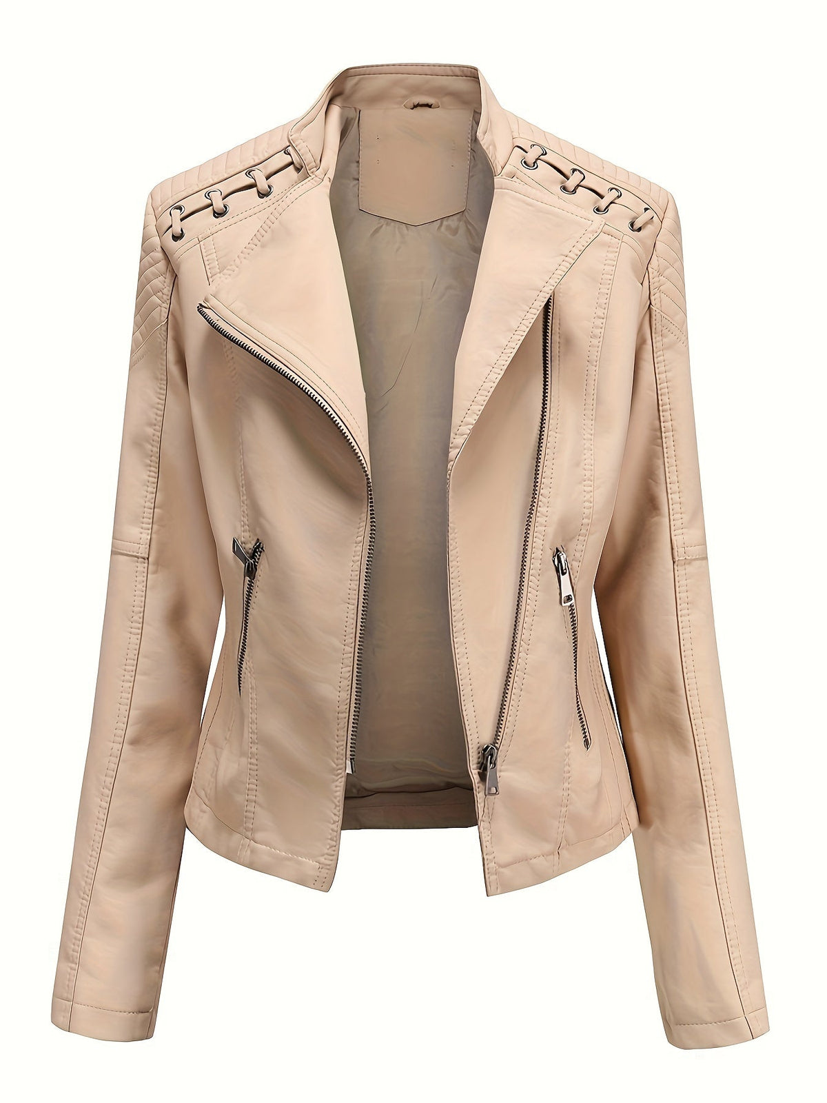 Women's biker jacket, cropped leather-look jacket with asymmetric zip, lapels and eyelet lacing on the shoulders, 4 colo