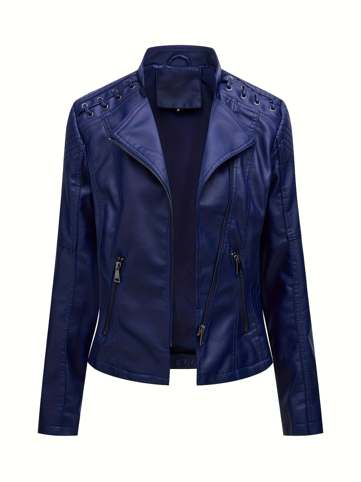 Women's biker jacket, cropped leather-look jacket with asymmetric zip, lapels and eyelet lacing on the shoulders, 4 colo
